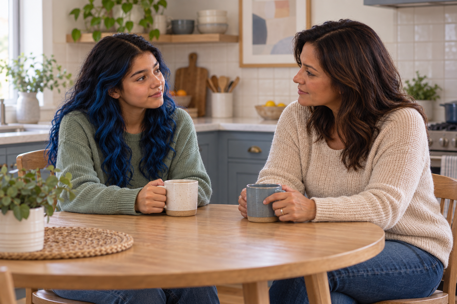 Teen with blue-dyed hair talking with her mother at a kitchen table.