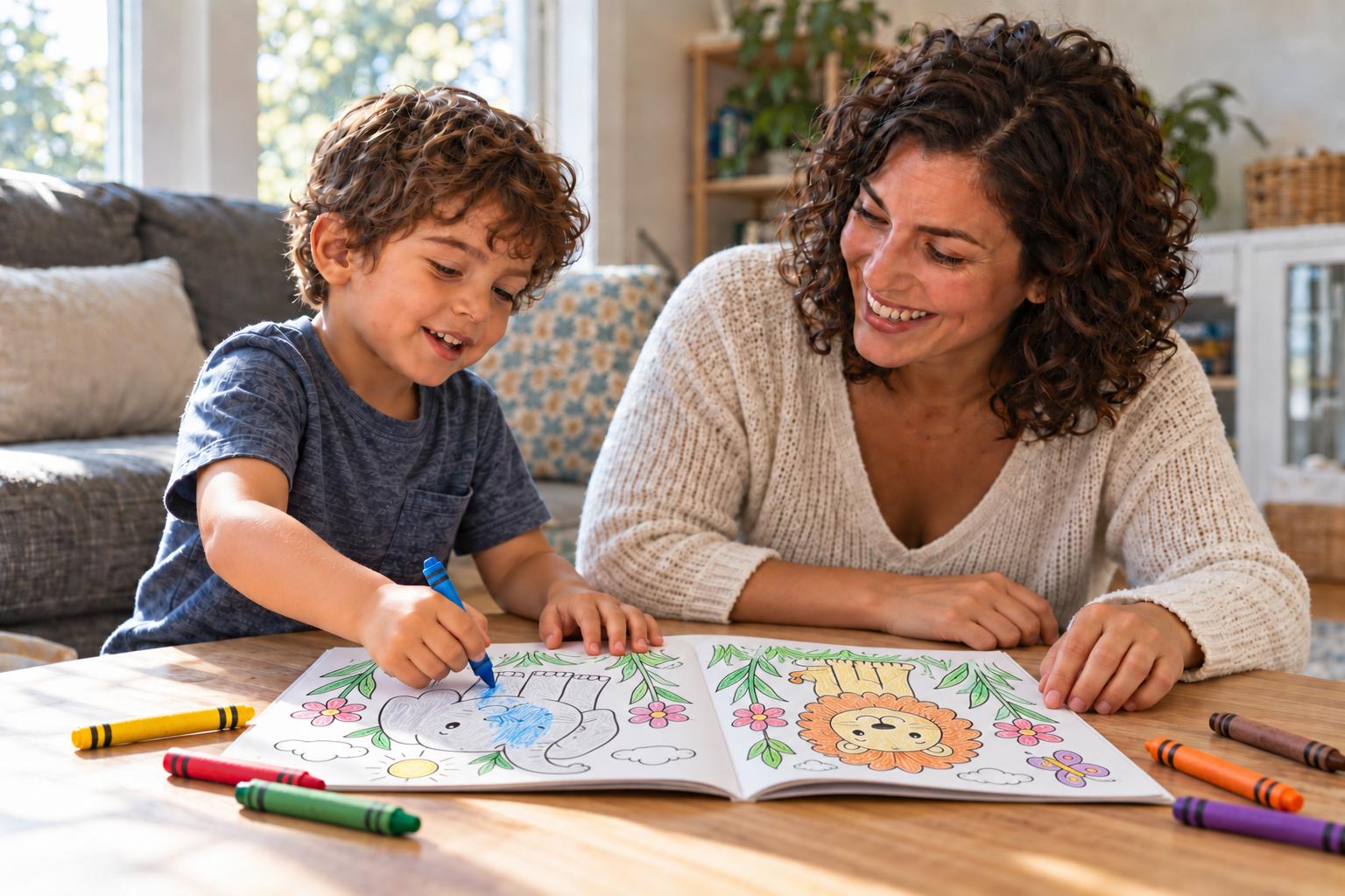 Mother smiling beside her young son as he colors in a coloring book during special play time.