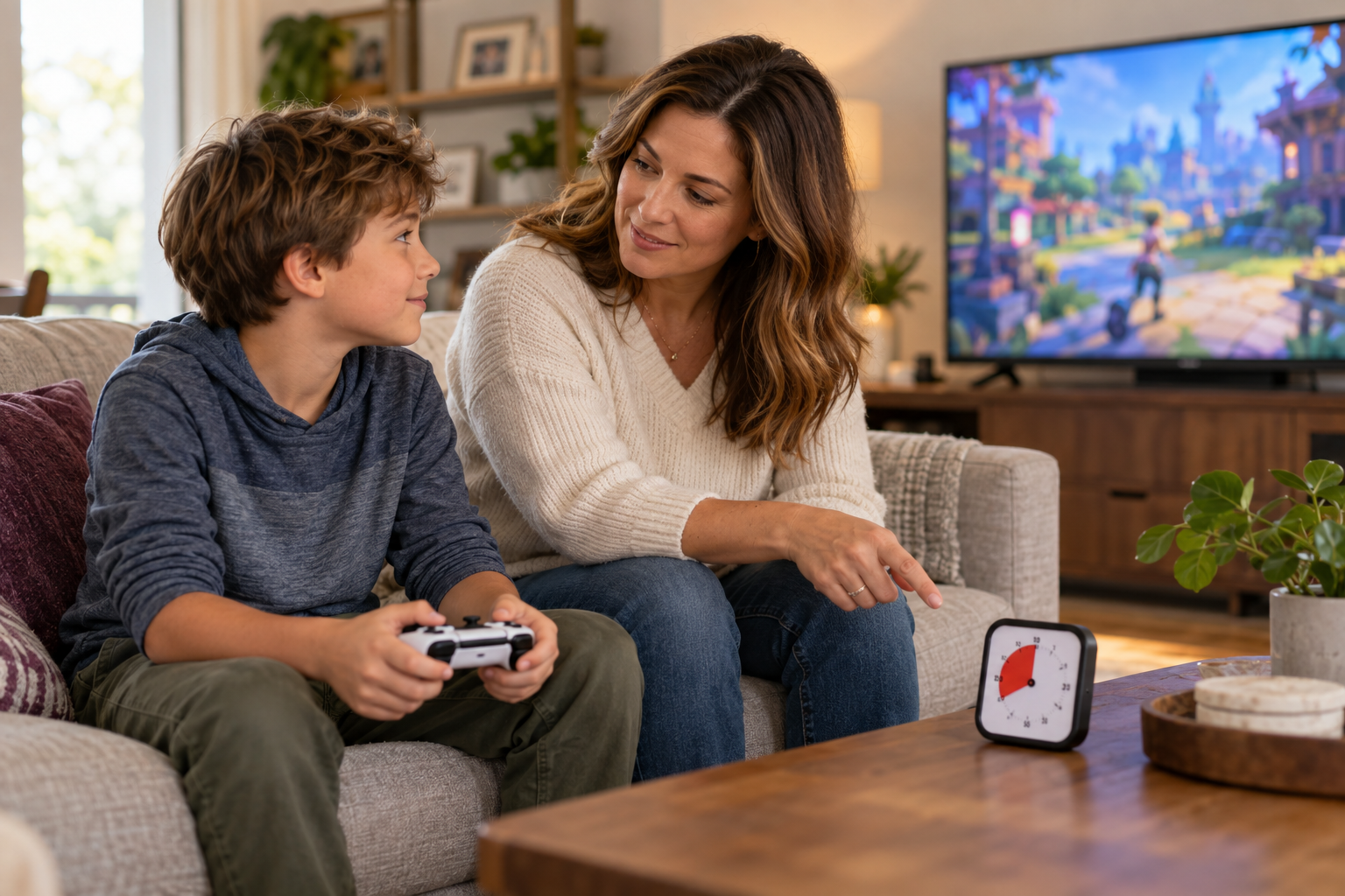Parent and child discuss ending video game time, with a visual timer on the coffee table.