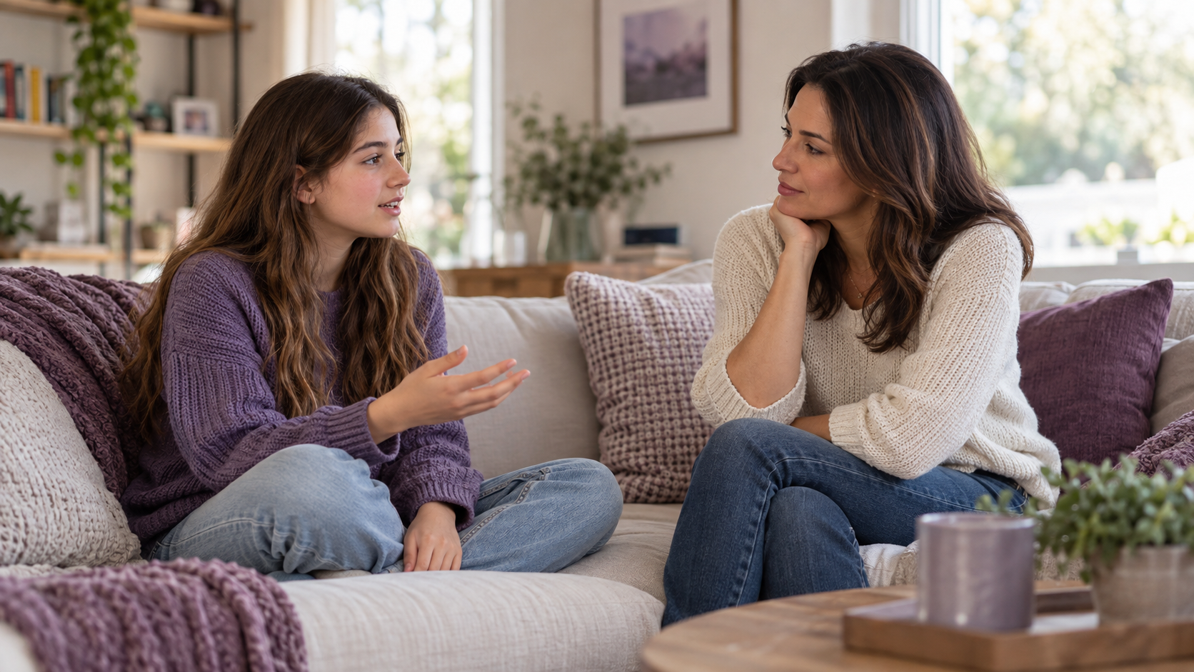 Parent listening attentively as a teen shares her thoughts during a calm conversation at home.