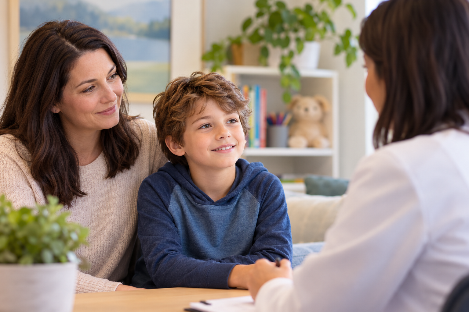Parent and child learning about ADHD medication from a pediatric mental health provider